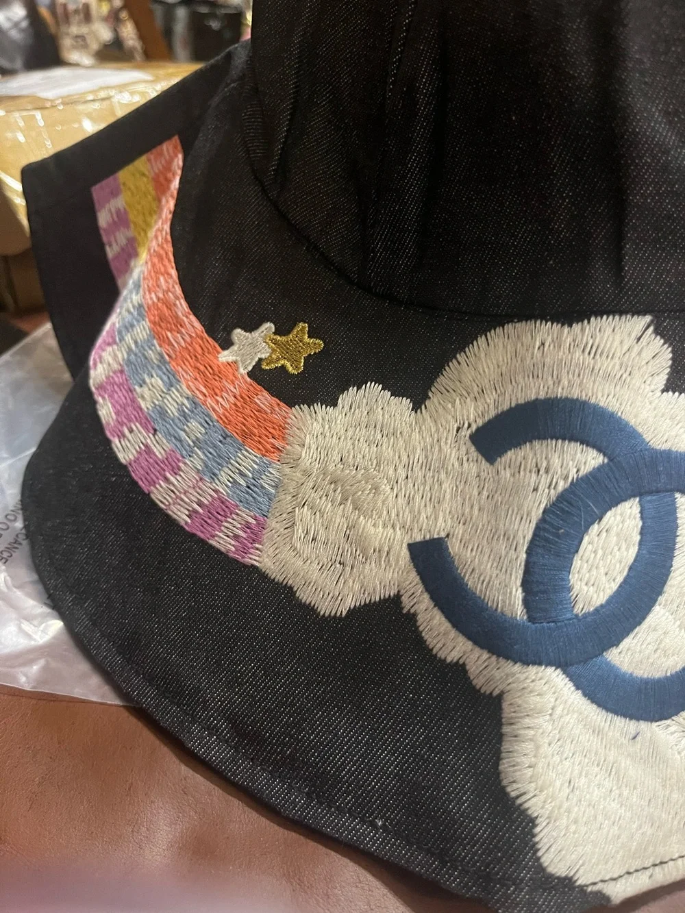 ChaneI Black Night Flight Embroidered Wide Brim Hat Rare HTF
